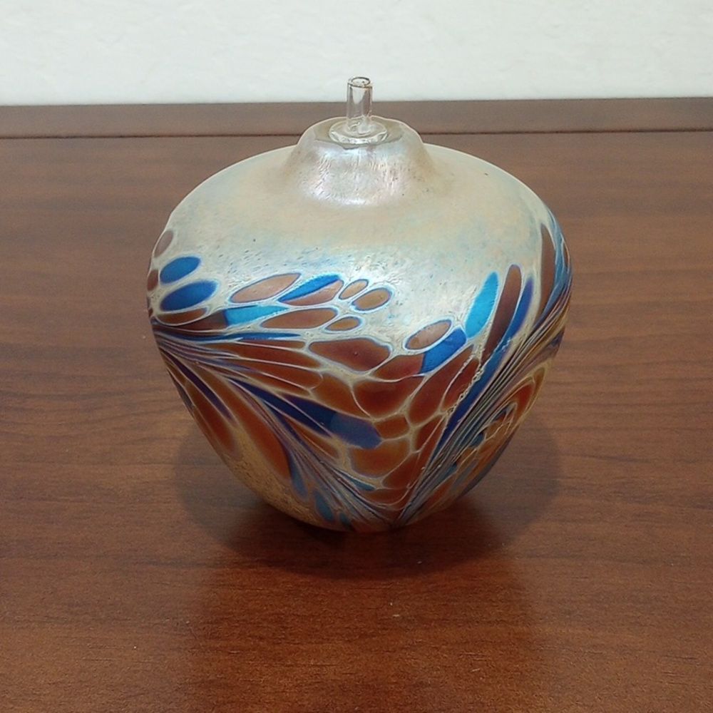 Brian Maytum Studio Signed Iridescent Glass Oil Lamp - Vintage!